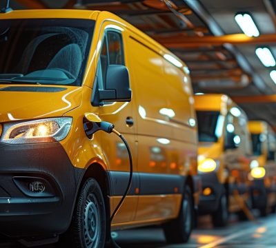 Yellow electric cargo bus charging station at night. Electro vehicle charging station. Low angle view.