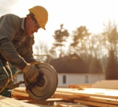 Construction workers building wooden floor in home construction project with tools and materials